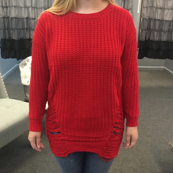 RED DESTROYED TUNIC SWEATER - Picture 4 of 8