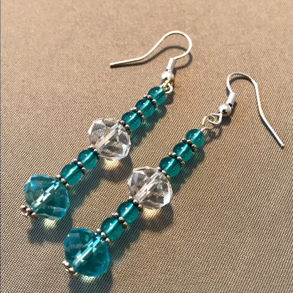 Handmade Glass Bead Earrings Aqua & Crystal NWT
