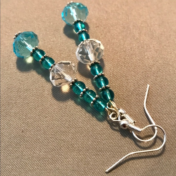 Handmade Glass Bead Earrings Aqua & Crystal NWT - Picture 2 of 3
