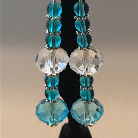 Handmade Glass Bead Earrings Aqua & Crystal NWT - Picture 3 of 3