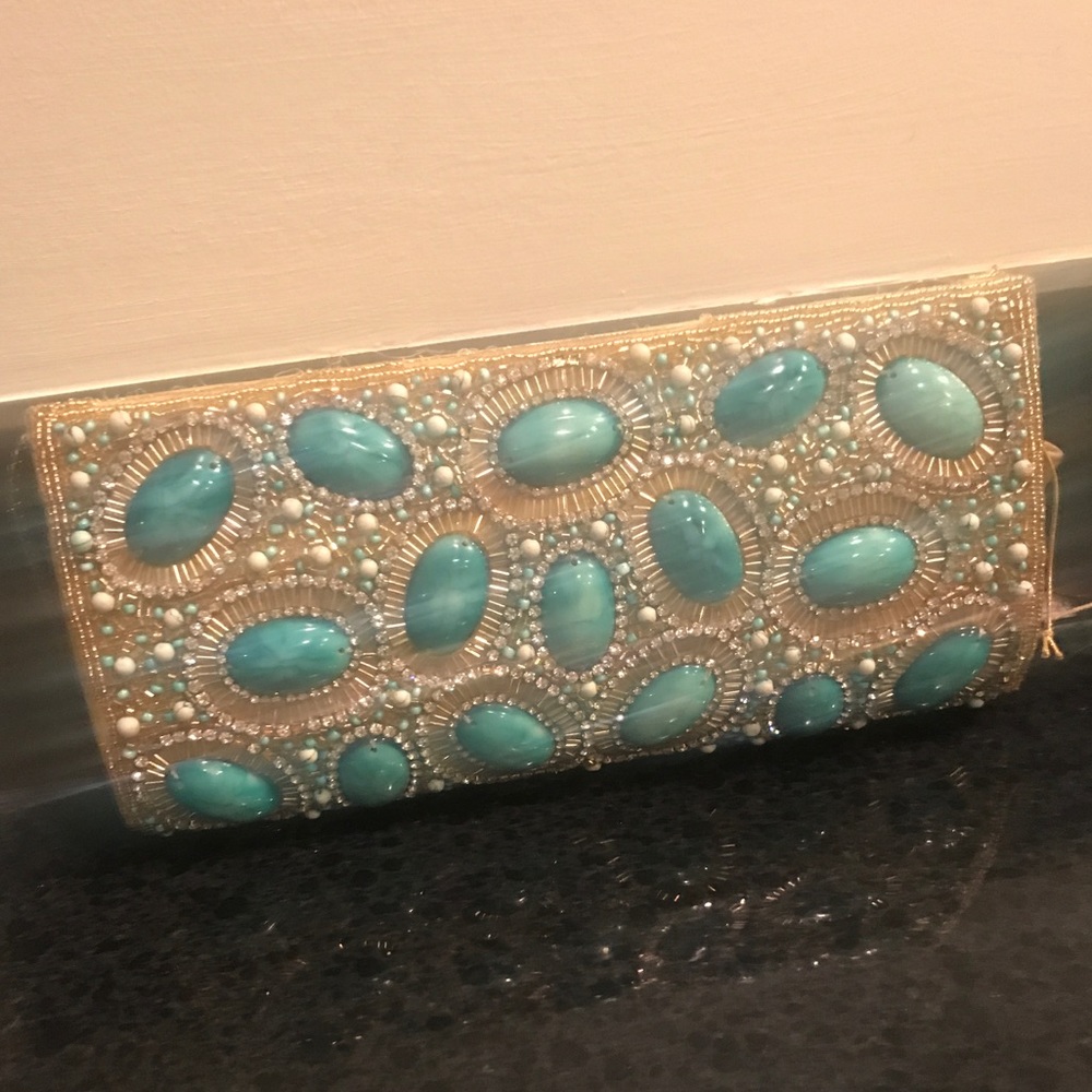 Bebe Gold and Turquoise Stone Bead Clutch