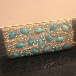 Bebe Gold and Turquoise Stone Bead Clutch