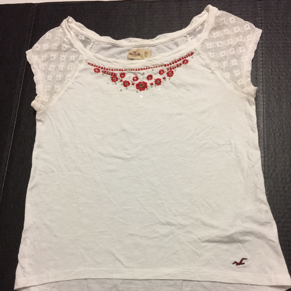 Hollister White Blouse with Red Embroidery