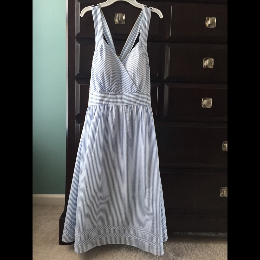 Tea length striped opened back dress