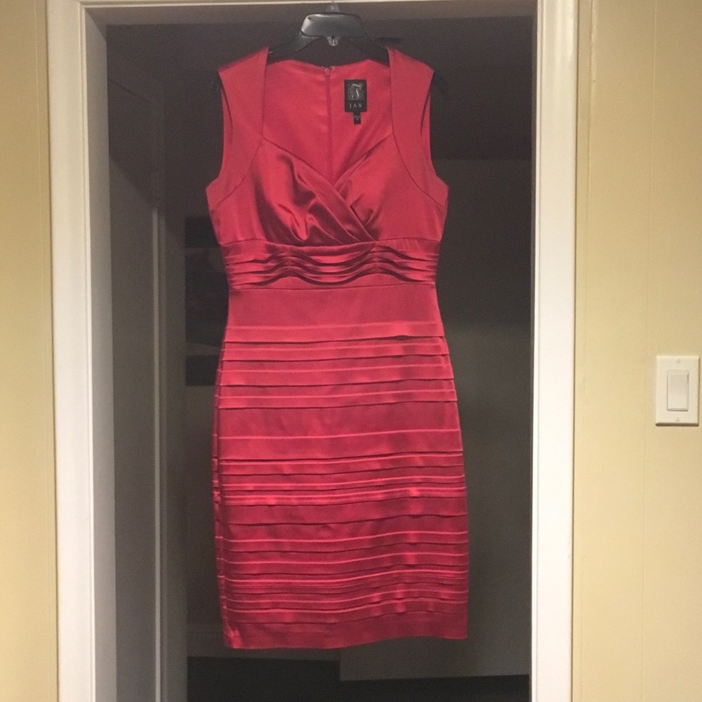 Red satin semi formal dress.