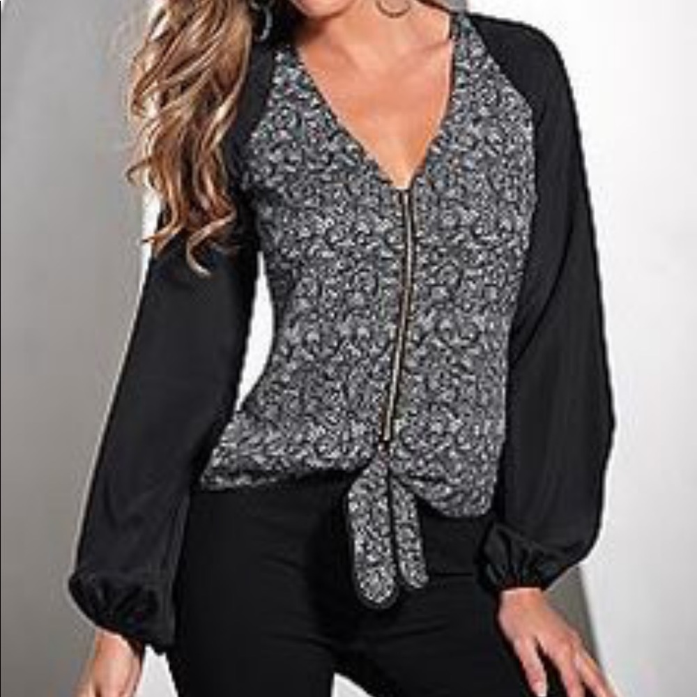 Long Sleeve Zip Front Black Printed Blouse