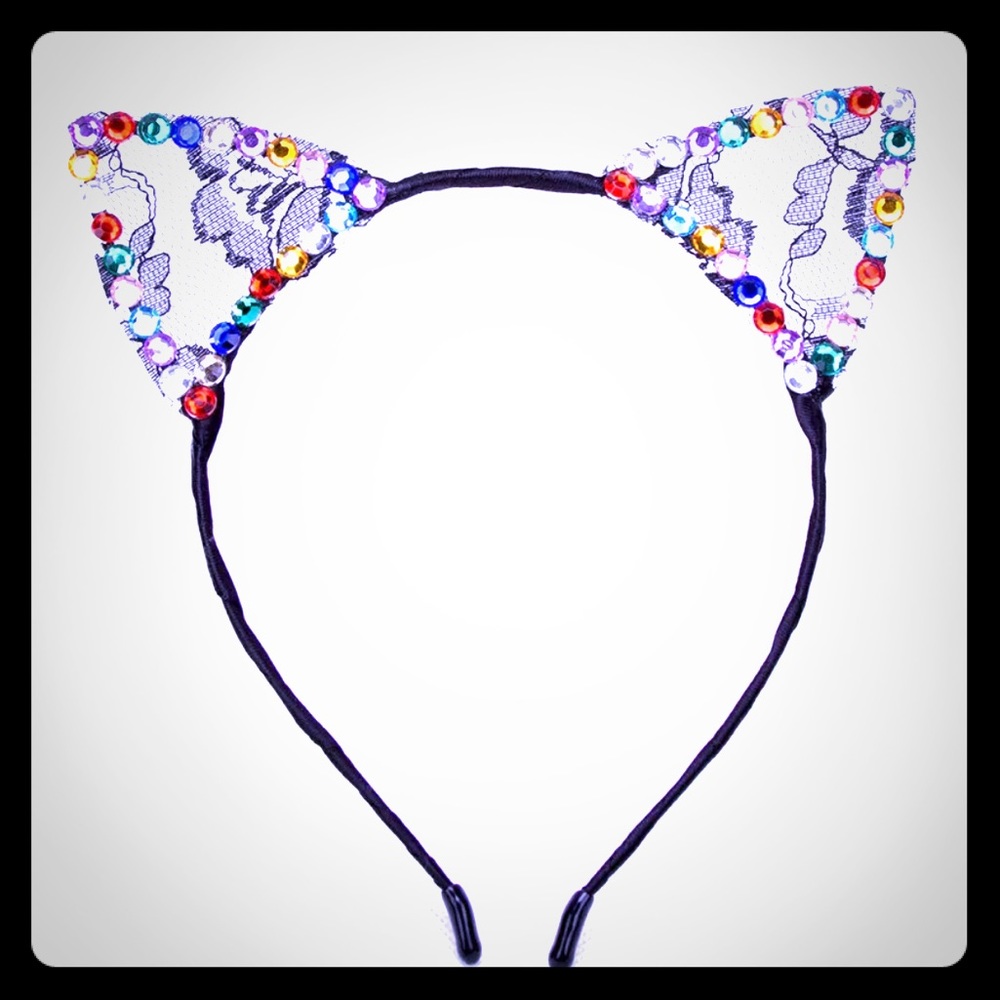 🆕 CAT EAR HEADBAND W/ BLACK LACE & BLING!