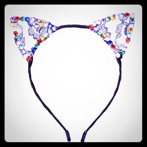 🆕 CAT EAR HEADBAND W/ BLACK LACE & BLING!