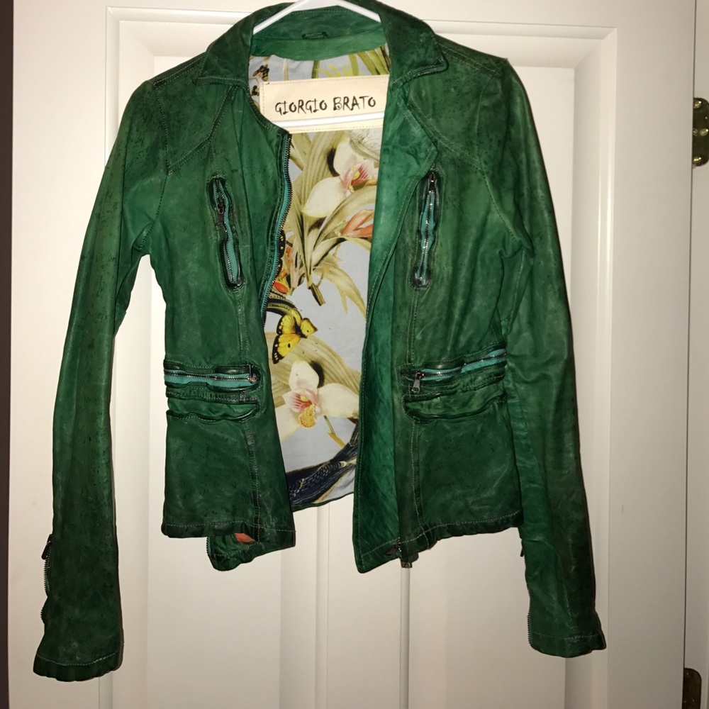 Leather motorcycle jacket - speckled green