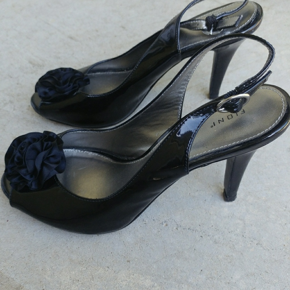 Black patent leather peep toe stiletto