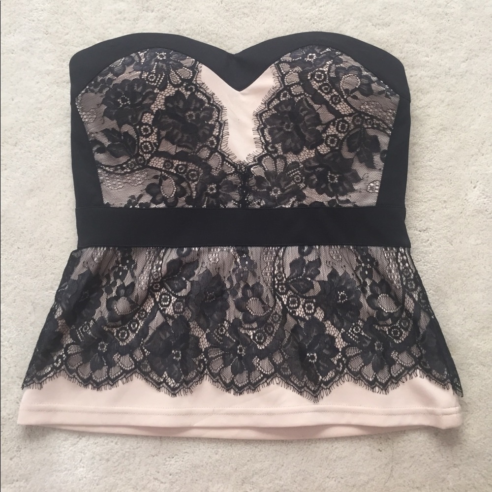 Nude and black lace strapless top size medium