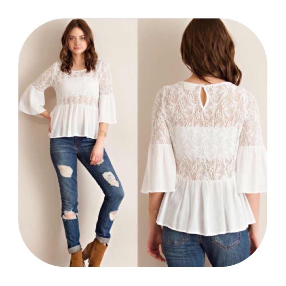 Off-white Lace Ruffle top with Bell Sleeves