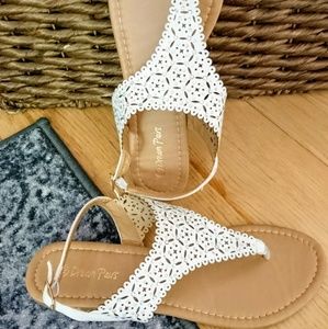 White thong slingback sandlal flats w/ rhinestones