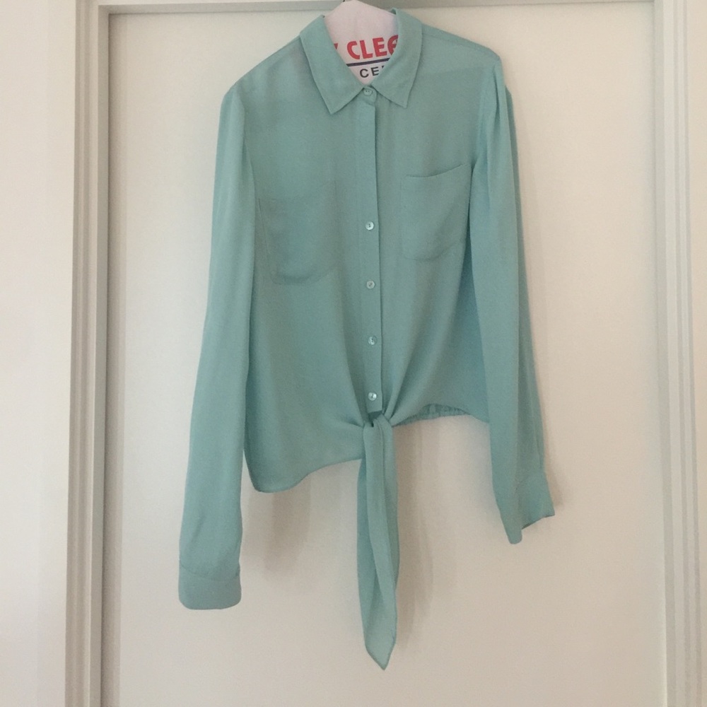 Theory button-down blouse with tie detail.