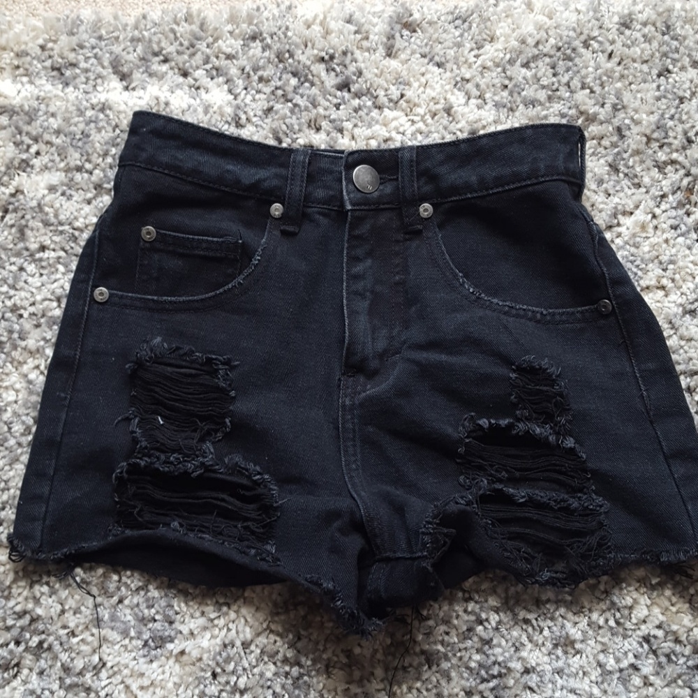 Black distressed denim shorts