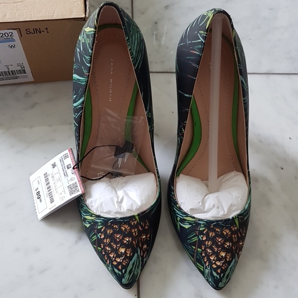 Zara Leather Tropical Pineapple Palm Heels - Picture 3 of 8