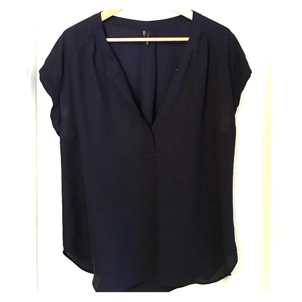 Navy Blue Blouse with Cropped Sleeves