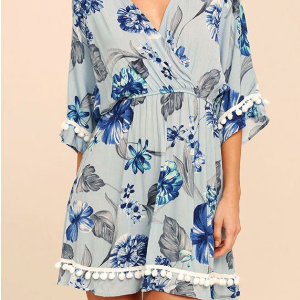 Lulus Blue Floral Pom Pom Dress