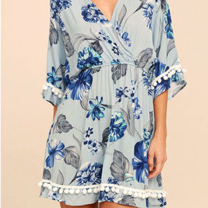 Lulus Blue Floral Pom Pom Dress