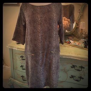 Dress 36" long Above the knee. Pull on 3/4 sleeves