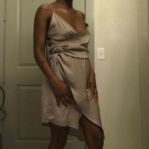 Sold Missguided Satin Wrap Taupe Dress - Picture 7 of 7
