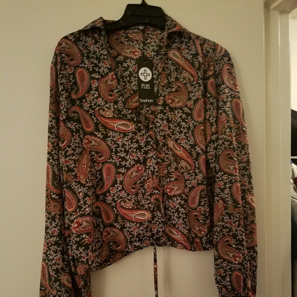 90s style paisley print drawstring shirt