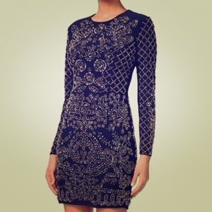 Xscape Full Bead Long Sleeve Cocktail Dress