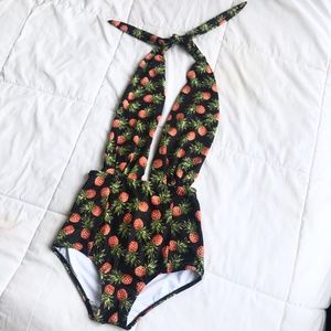 NWOT Pineapple Deep Halter Backless One Piece
