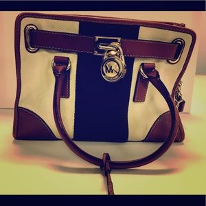 Michael Kors Satchel navy, cream, and camel tone