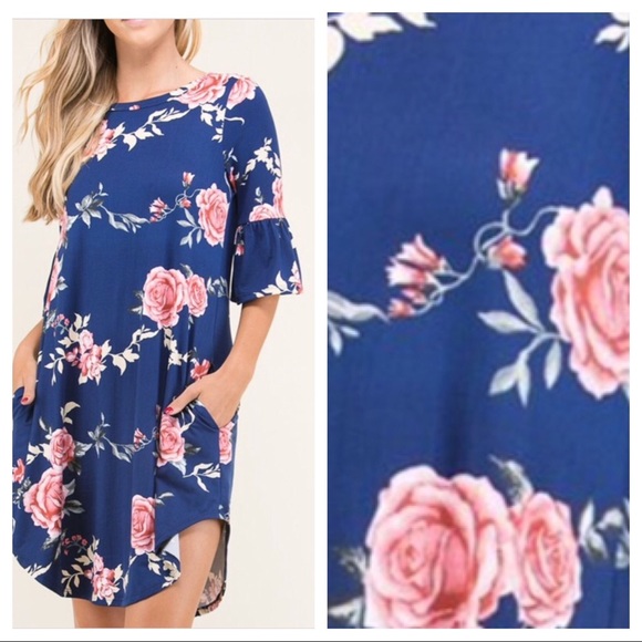 Dresses & Skirts - Blue Floral Dress with ruffle sleeves and pockets!