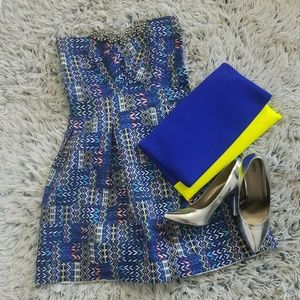 Royal Blue Multicolored Bandage Skater Dress L