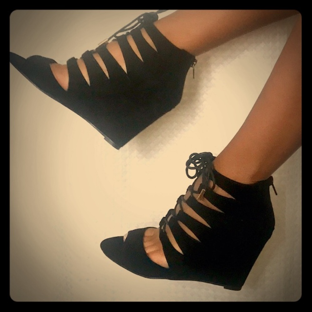 Caged Black Wedge Sandals