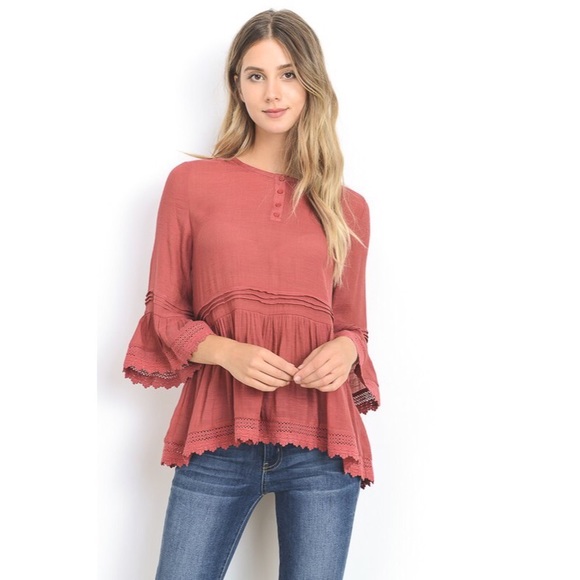 Brick Ruffled Bell Sleeve Top - Picture 2 of 6