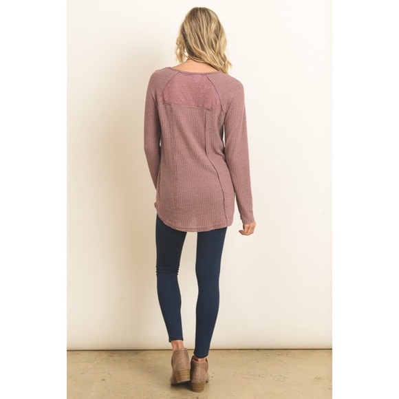 >>LAST<< Mauve Waffle Knit Lace Top - Picture 4 of 5