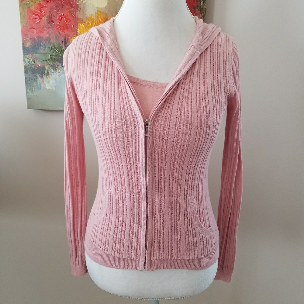 Pink hooded zippered sweater and tank set