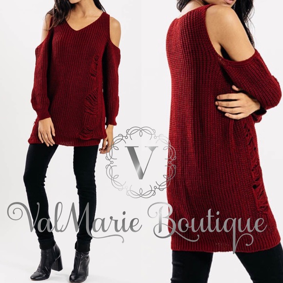 Deep Red Distressed Cold Shoulder - Picture 2 of 2