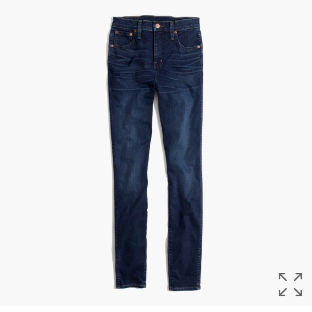 Dark blue high rise jeans.