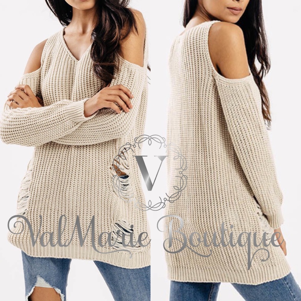 Stone Distressed Cold Shoulder Sweater - Picture 2 of 2