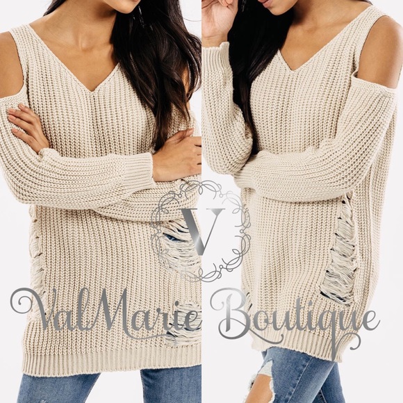 ValMarie Sweaters - Stone Distressed Cold Shoulder Sweater