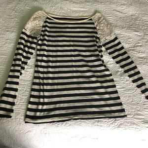 LOFT Striped Shirt with Lace Shoulder Detail