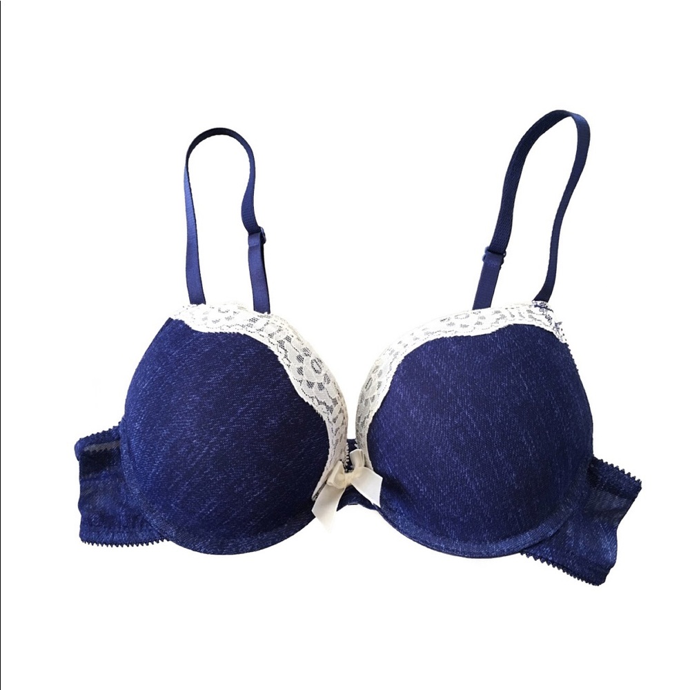 Blue with White Lace Trim Push Up Bra (34A)