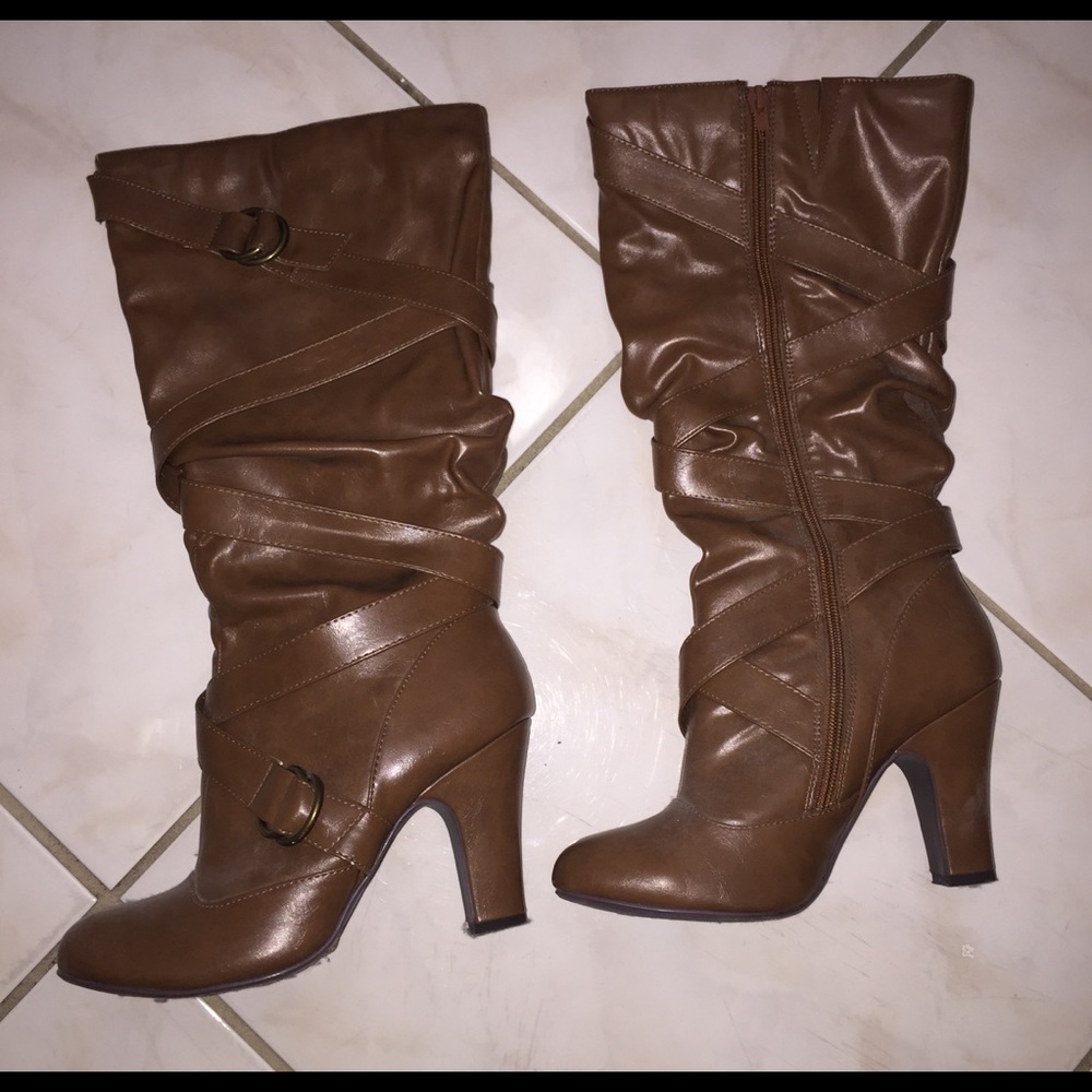 Brown/Gold Buckle Knee High Cowboy Heels