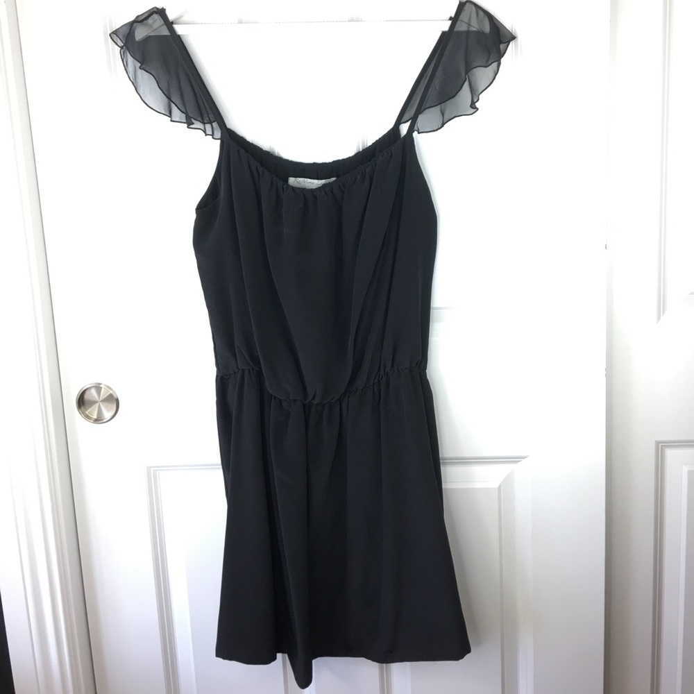 Ra Mona La Rue Black Silk Dress Sheer Shoulders Elastic Waist Lined Size M