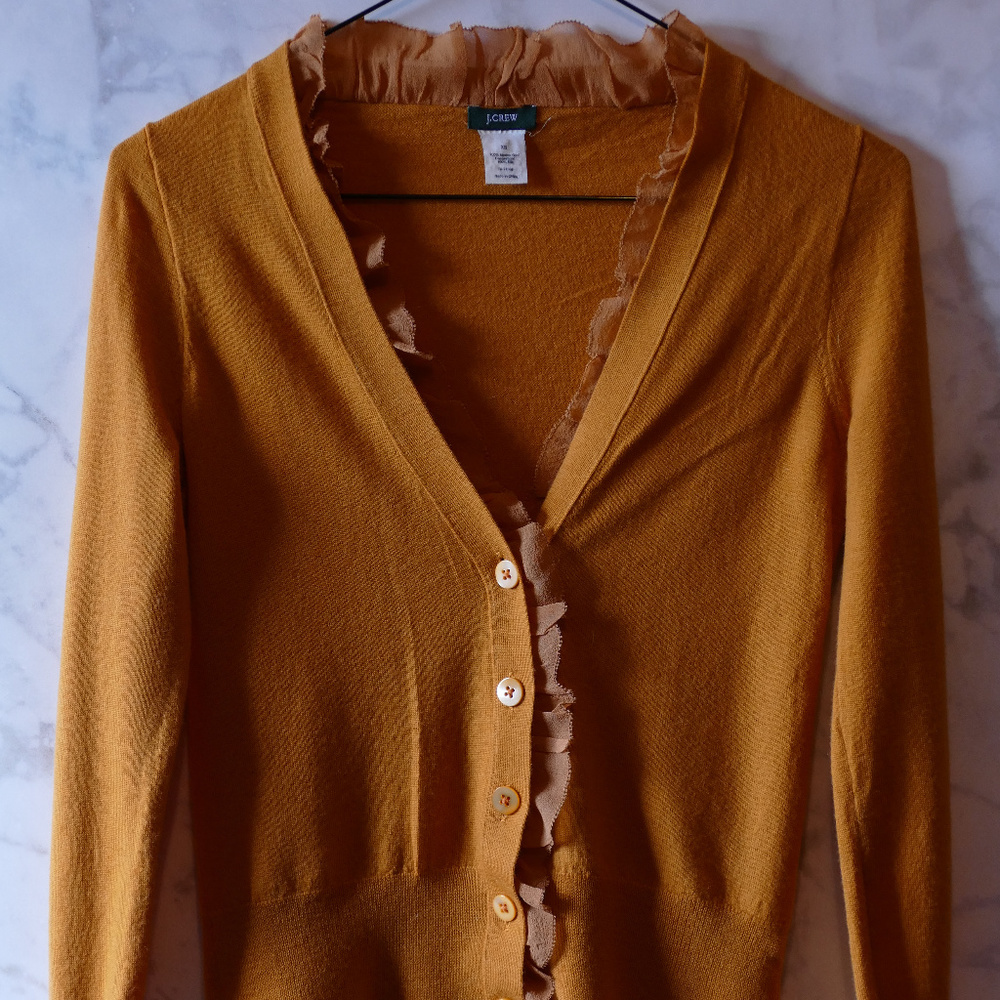 J. Crew Gold Sweater Cardigan with Ruffle Detail