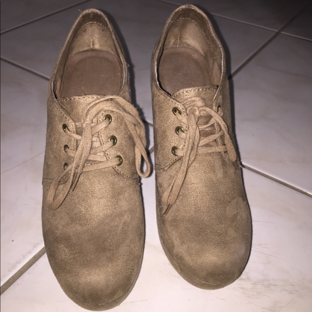Brown suede clog wedges