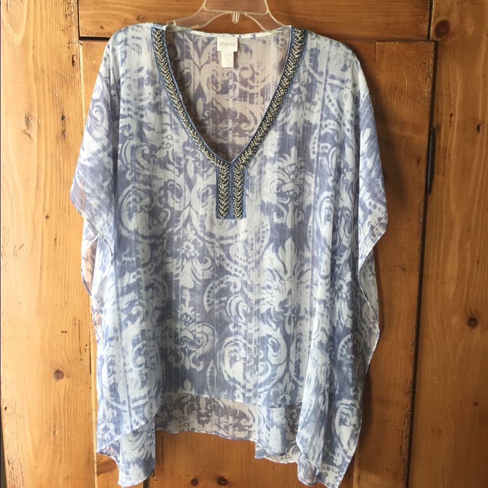 Chico's Denim Blue Beaded Poncho, S/M