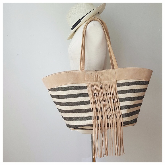 LARGE STRIPED BEACH TOTE with Tassels - Picture 8 of 8