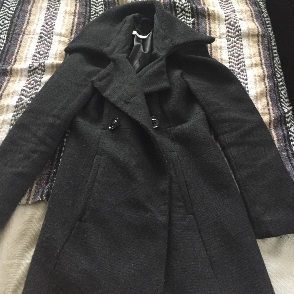 Black Pea/Trench Coat with Knit Collar