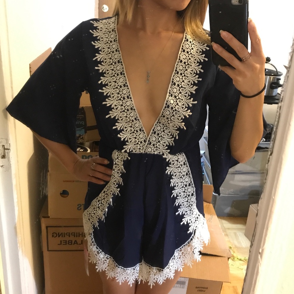Lace Trimmed Navy Romper