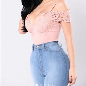 Pink off shoulder/cold shoulder body suit